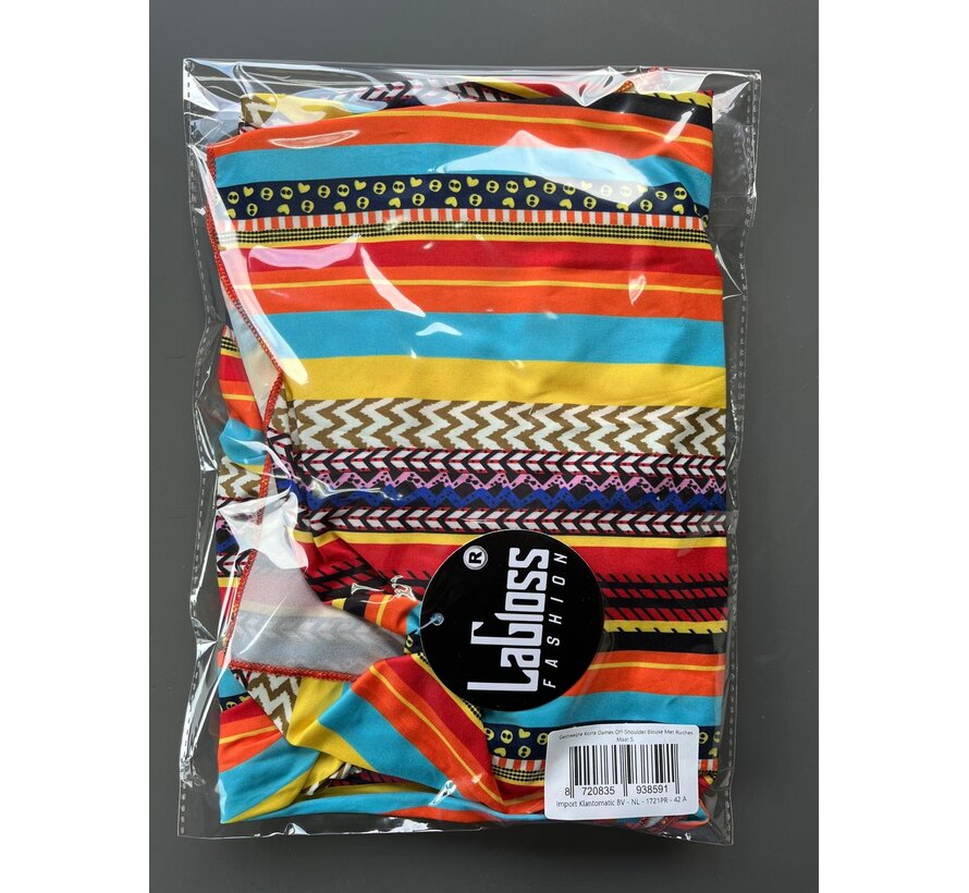 LaGloss® Gestreepte Korte Dames Off-Shoulder Blouse Met Ruches – Multicolor – Zomermode – Fashion – Casual – Maat S