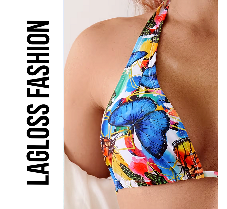 LaGloss® 2-Delig Bikini Set Dames met Vlinderprint – Haltertop – Zomermode – Beach Fashion – Strandmode – Maat S