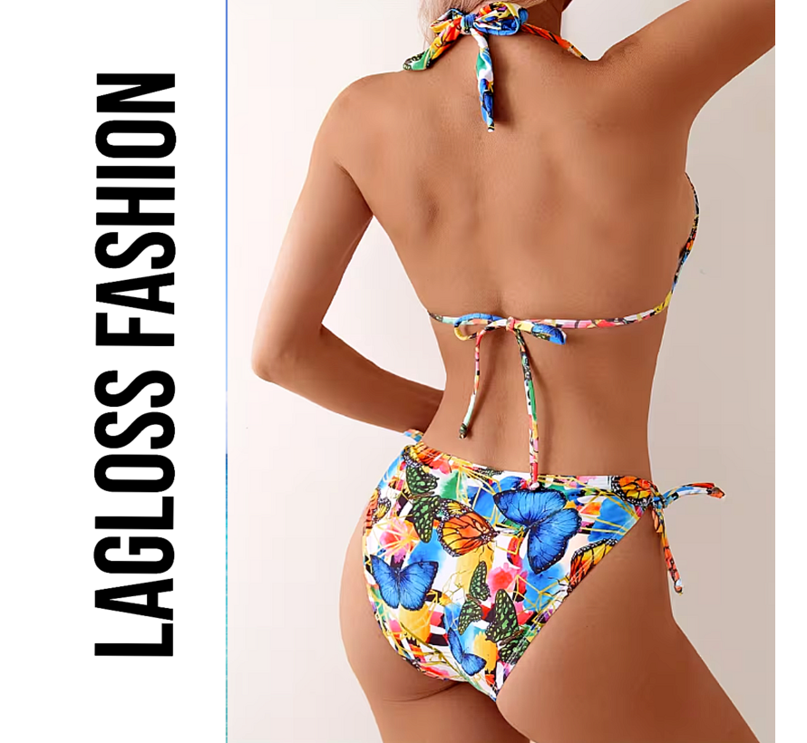 LaGloss® 2-Delig Bikini Set Dames met Vlinderprint – Haltertop – Zomermode – Beach Fashion – Strandmode – Maat L