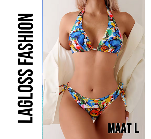 LaGloss LaGloss® 2-Delig Bikini Set Dames met Vlinderprint – Haltertop – Zomermode – Beach Fashion – Strandmode – Maat L