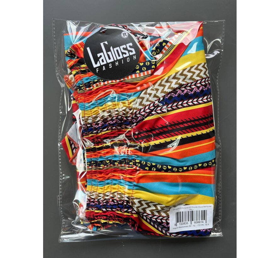 LaGloss® Gestreepte Korte Dames Off-Shoulder Blouse Met Ruches – Multicolor – Zomermode – Fashion – Casual – Maat L - Copy