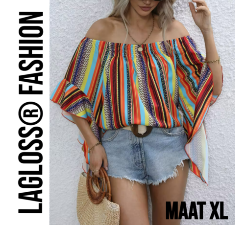 LaGloss LaGloss® Gestreepte Korte Dames Off-Shoulder Blouse Met Ruches – Multicolor – Zomermode – Fashion – Casual – Maat XL - Copy