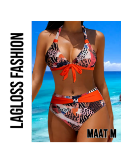 LaGloss 2-Delig Vintage Dames Bikini Set Halter Met Strikdetail & Oranje Accenten – Maat M