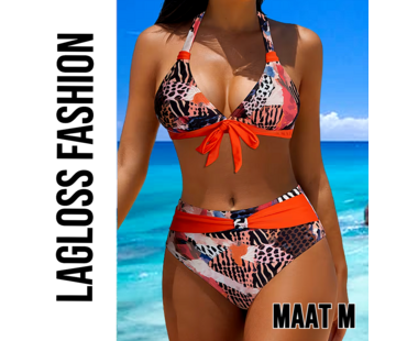 LaGloss 2-Delig Vintage Dames Bikini Set Halter Met Strikdetail & Oranje Accenten – Maat M