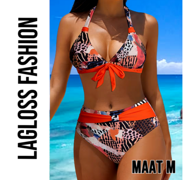 LaGloss 2-Delig Vintage Dames Bikini Set Halter Met Strikdetail & Oranje Accenten – Maat M