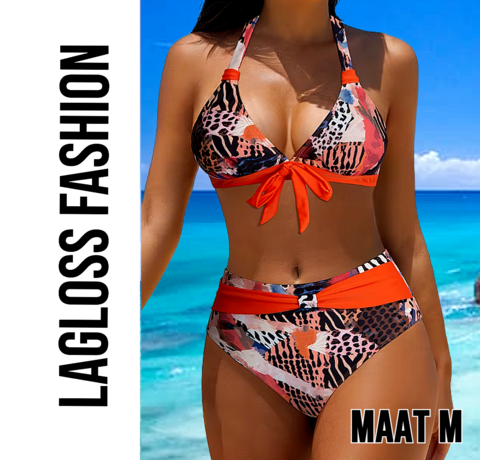 LaGloss LaGloss® 2-Delig Vintage Bikini Set Dames Halter Bikini Met Strikdetail & Oranje Accenten – Zomermode – Beach Fashion – Strandmode – Maat M