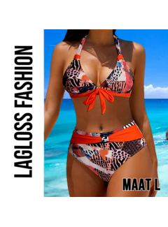 LaGloss 2-Delig Vintage Dames Bikini Set Halter Met Strikdetail & Oranje Accenten – Maat L