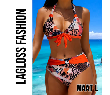 LaGloss 2-Delig Vintage Dames Bikini Set Halter Met Strikdetail & Oranje Accenten – Maat L