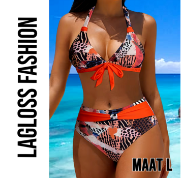 LaGloss 2-Delig Vintage Dames Bikini Set Halter Met Strikdetail & Oranje Accenten – Maat L