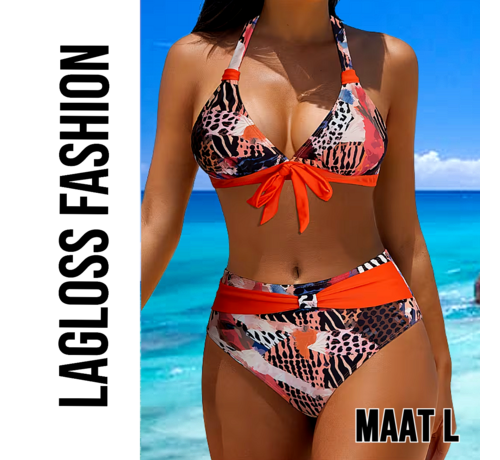 LaGloss LaGloss® 2-Delig Vintage Bikini Set Dames Halter Bikini Met Strikdetail & Oranje Accenten – Zomermode – Beach Fashion – Strandmode – Maat L