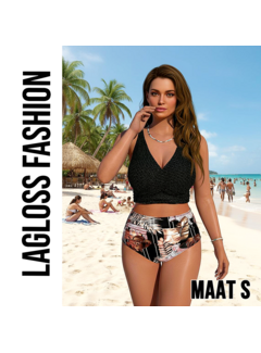 LaGloss Dames Bikini Set V-Hals Glitter Top en High Waist Broekje met Tropische Print – Maat S