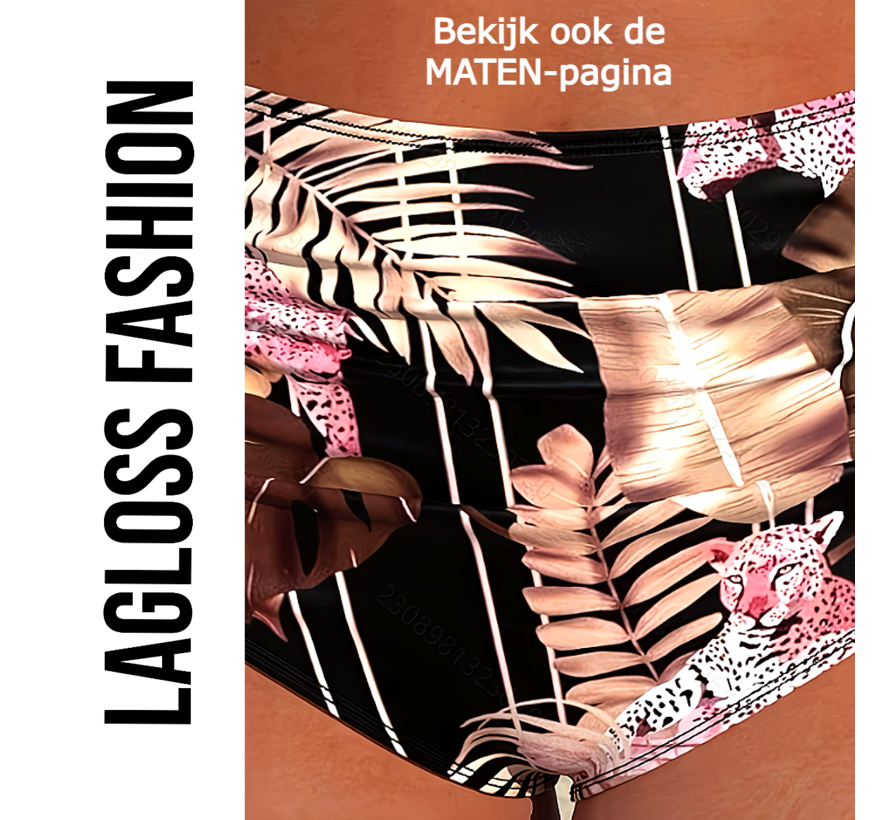 LaGloss® Dames Bikini Set V-Hals Glitter Top en High Waist Broekje met Tropische Print – Beach Fashion – Strand mode – Zomer – Maat S