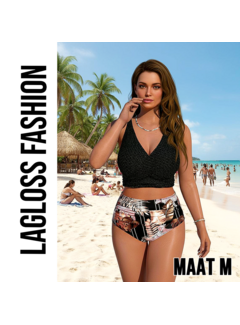 LaGloss Dames Bikini Set V-Hals Glitter Top en High Waist Broekje met Tropische Print – Maat M