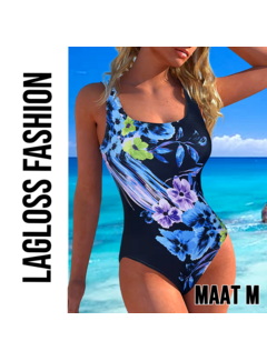 LaGloss Dames Badpak Bloemenprint Blauw Zwart met Vierkante Halslijn – Maat M