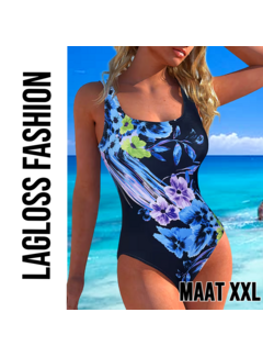 LaGloss Dames Badpak Bloemenprint Blauw Zwart met Vierkante Halslijn – Maat XXL