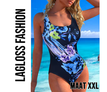 LaGloss Dames Badpak Bloemenprint Blauw Zwart met Vierkante Halslijn – Maat XXL