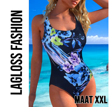 LaGloss Dames Badpak Bloemenprint Blauw Zwart met Vierkante Halslijn – Maat XXL