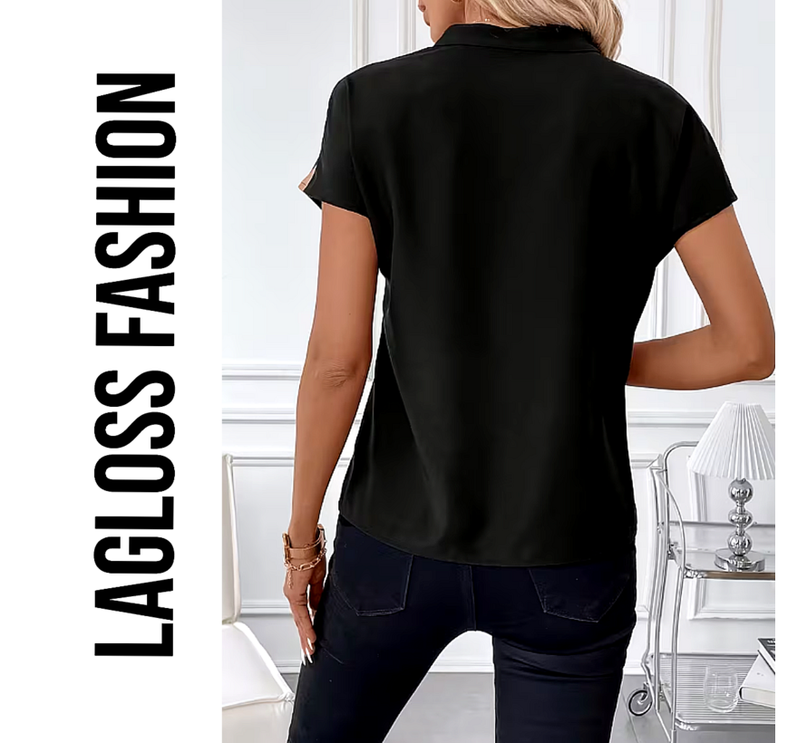 LaGloss® Zwarte/Lichtbruine Dames Shirt Met Geometrische Blokken - V-Hals - Patchworkprint - Losvallende Blouse – Maat M