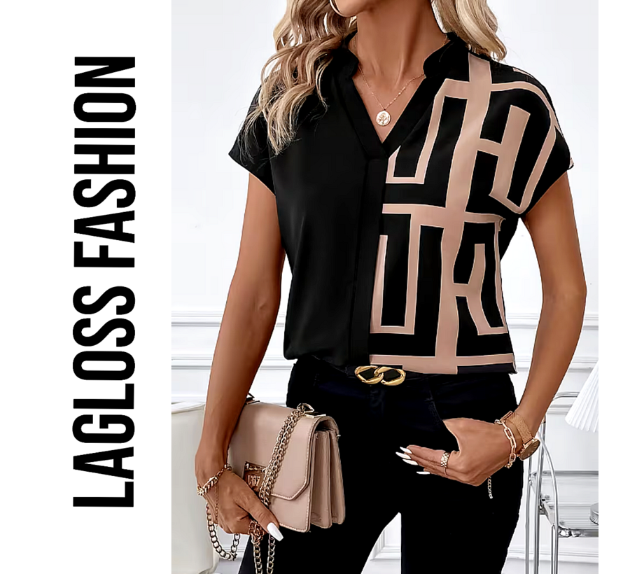 LaGloss® Zwart/Lichtbruine Dames Shirt Met Geometrische Blokken - V-Hals - Patchworkprint - Losvallende Blouse – Maat L