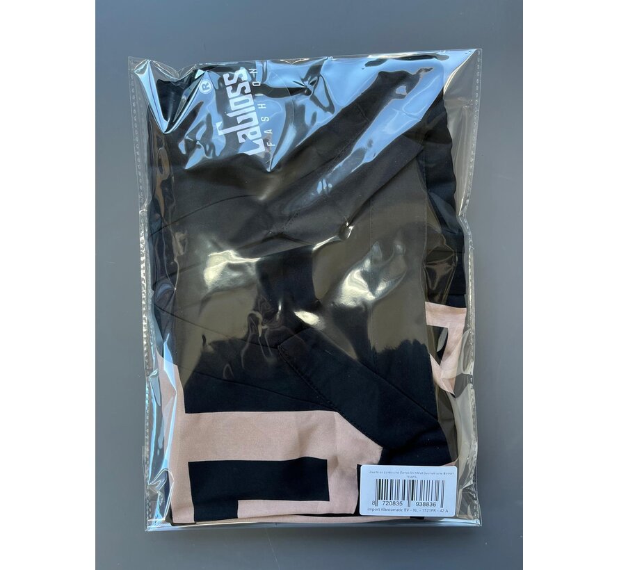 LaGloss® Zwart/Lichtbruine Dames Shirt Met Geometrische Blokken - V-Hals - Patchworkprint - Losvallende Blouse – Maat L