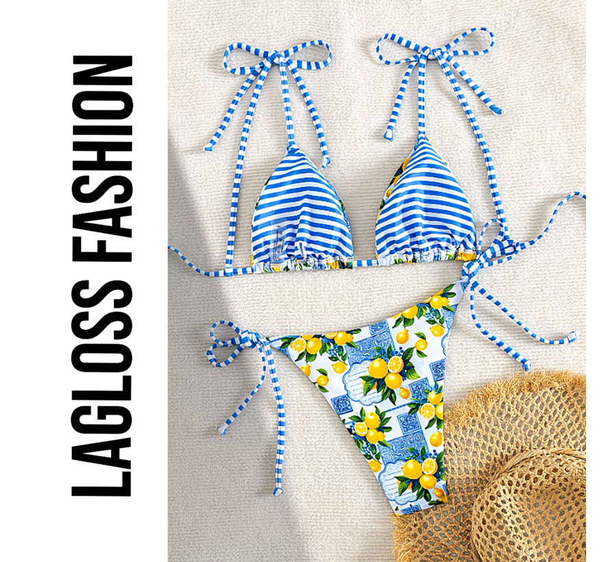 LaGloss® 2-delig Dames Bikini Set Met Fruitprint Blauw Wit – Driehoek top – Strikbandjes – Zomermode – Beach Fashion – Maat M