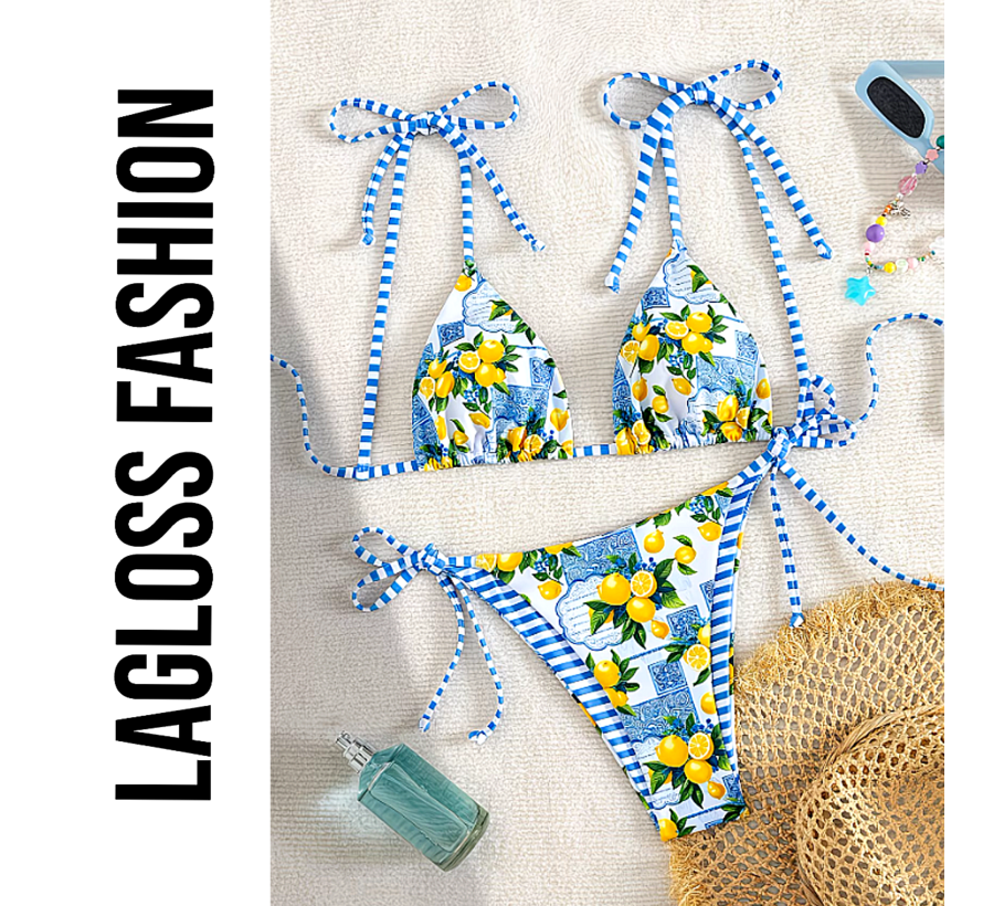 LaGloss® 2-delig Dames Bikini Set Met Fruitprint Blauw Wit – Driehoek top – Strikbandjes – Zomermode – Beach Fashion – Maat L