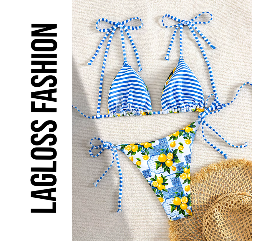 LaGloss® 2-delig Dames Bikini Set Met Fruitprint Blauw Wit – Driehoek top – Strikbandjes – Zomermode – Beach Fashion – Maat L