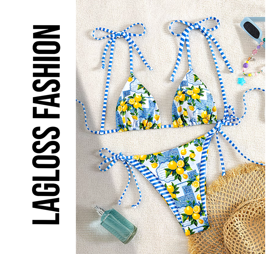 LaGloss® 2-delig Dames Bikini Set Met Fruitprint Blauw Wit – Driehoek top – Strikbandjes – Zomermode – Beach Fashion – Maat XL