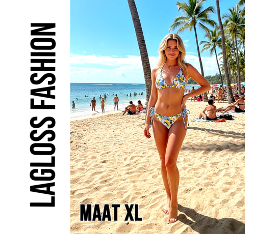 LaGloss LaGloss® 2-delig Dames Bikini Set Met Fruitprint Blauw Wit – Driehoek top – Strikbandjes – Zomermode – Beach Fashion – Maat XL