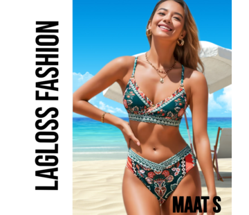 LaGloss 2-delige Bohemian Floral Print Bikini – Groen/Rood – Maat L
