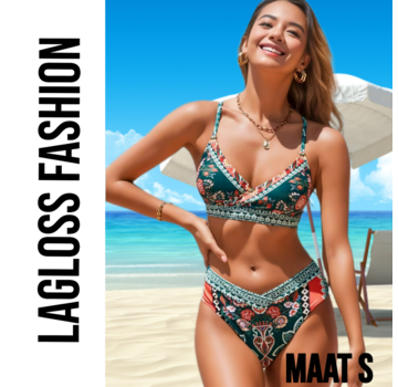 LaGloss 2-delige Bohemian Floral Print Bikini – Groen/Rood – Maat L