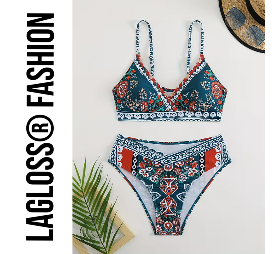 LaGloss® Bohemian Floral Print Bikini – Groen/Rood – 2-delig Set met Kruisbandjes – Maat L
