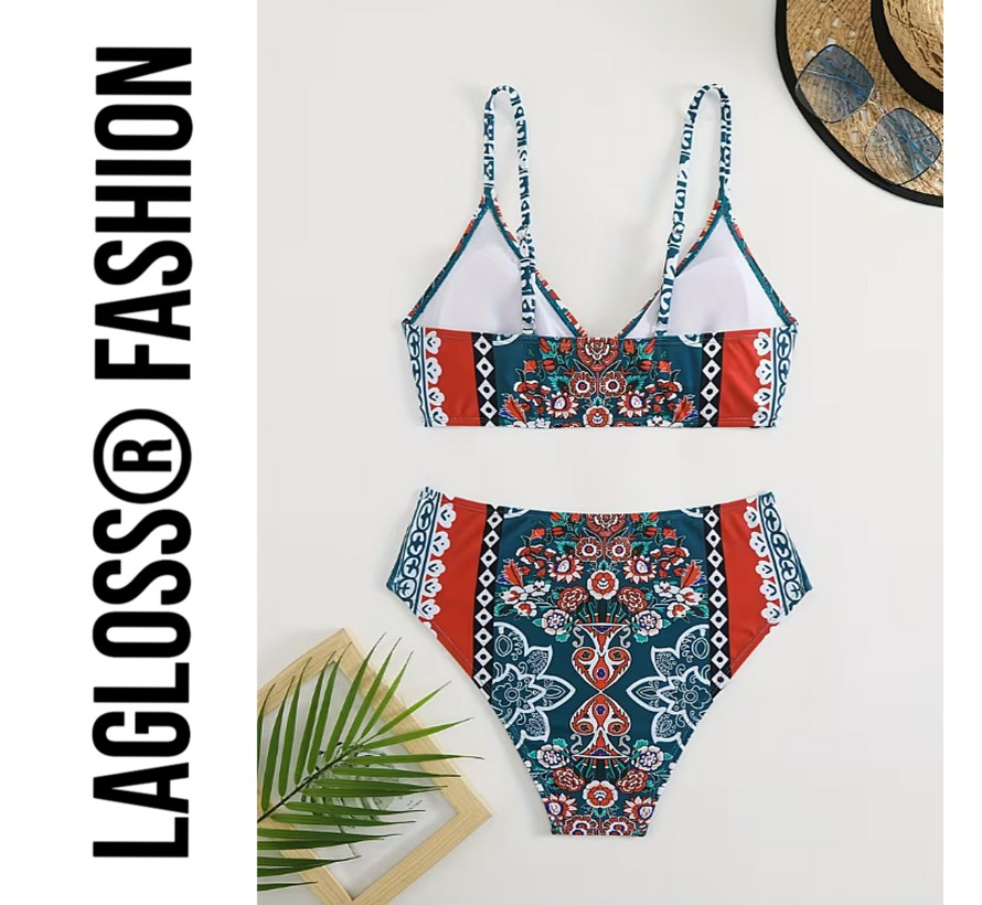 LaGloss® Bohemian Floral Print Bikini – Groen/Rood – 2-delig Set met Kruisbandjes – Maat L