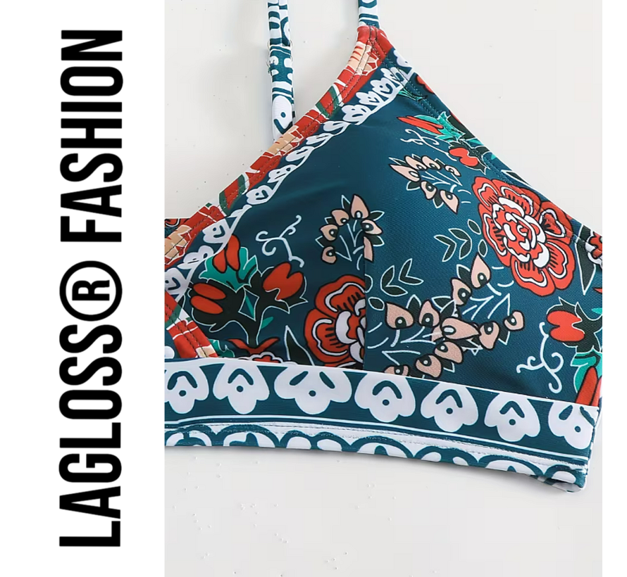 LaGloss® Bohemian Floral Print Bikini – Groen/Rood – 2-delig Set met Kruisbandjes – Maat L
