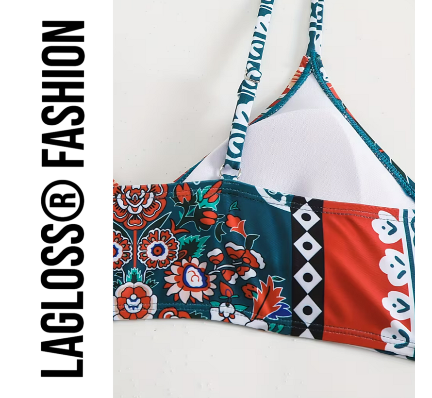 LaGloss® Bohemian Floral Print Bikini – Groen/Rood – 2-delig Set met Kruisbandjes – Maat M