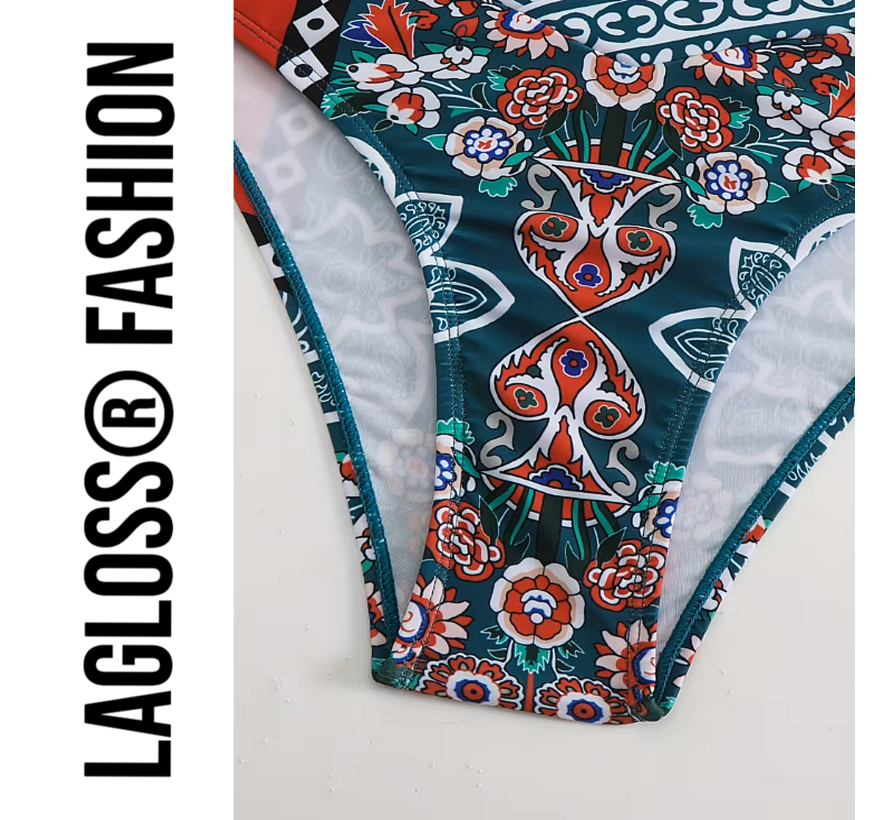 LaGloss® Bohemian Floral Print Bikini – Groen/Rood – 2-delig Set met Kruisbandjes – Maat M