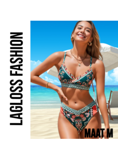 LaGloss 2-delige Bohemian Floral Print Bikini – Groen/Rood – Maat M