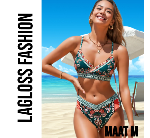 LaGloss LaGloss® Bohemian Floral Print Bikini – Groen/Rood – 2-delig Set met Kruisbandjes – Maat M