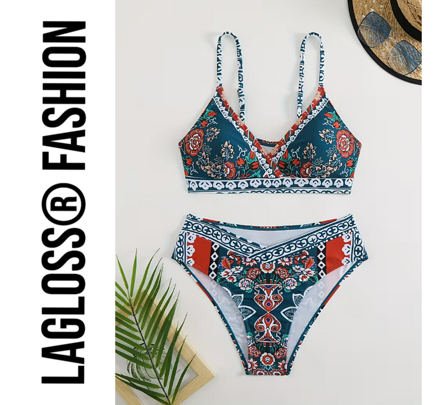 LaGloss® Bohemian Floral Print Bikini – Groen – 2-delig Set met Kruisbandjes – Maat S