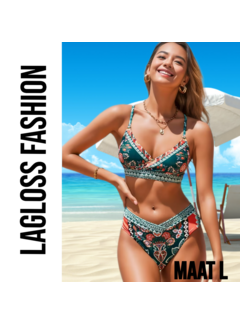 LaGloss 2-delige Bohemian Floral Print Bikini – Groen/Rood – Maat S