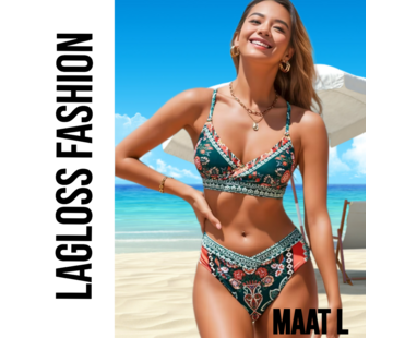 LaGloss 2-delige Bohemian Floral Print Bikini – Groen/Rood – Maat S