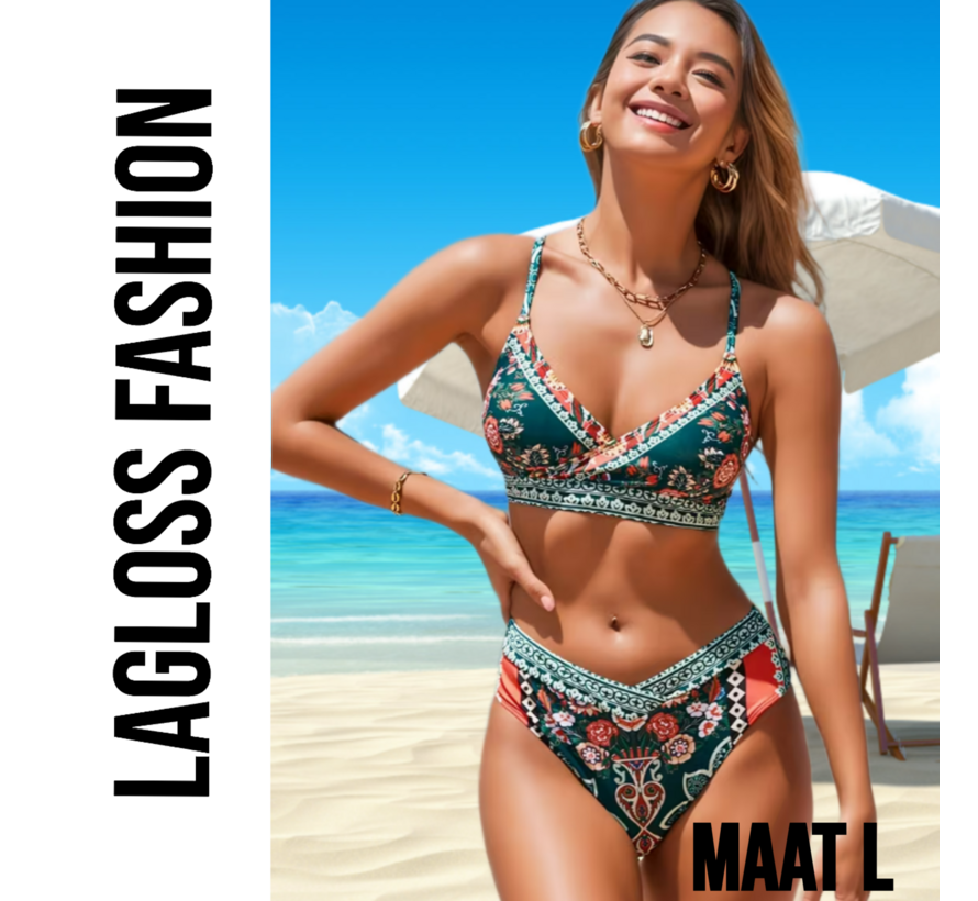 LaGloss® Bohemian Floral Print Bikini – Groen – 2-delig Set met Kruisbandjes – Maat S