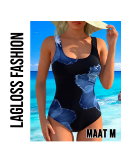 LaGloss Dames Badpak Zwart met Blauwe Bloemenprint Hibiscusprint – Maat M