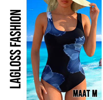 LaGloss Dames Badpak Zwart met Blauwe Bloemenprint Hibiscusprint – Maat M