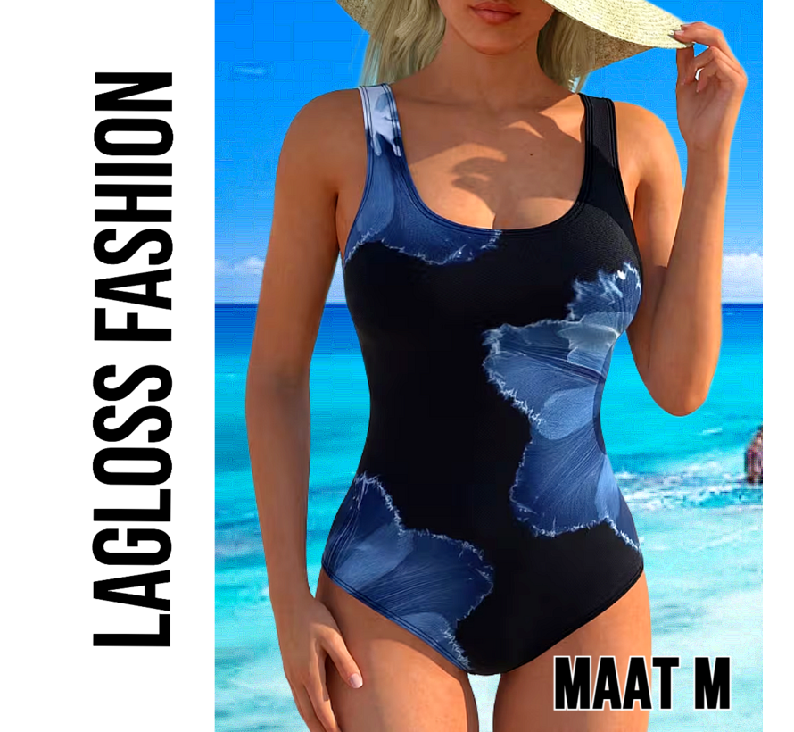 LaGloss® Dames Badpak Zwart met Blauwe Bloemenprint Hibiscusprint – Modern – Eendelig Zwempak - Zomermode – Beach Fashion – Maat M