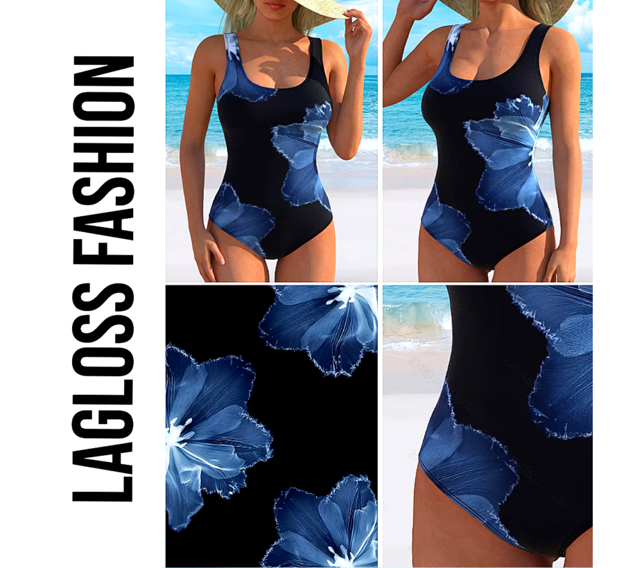 LaGloss® Dames Badpak Zwart met Blauwe Bloemenprint Hibiscusprint – Modern – Eendelig Zwempak - Zomermode – Beach Fashion – Maat L