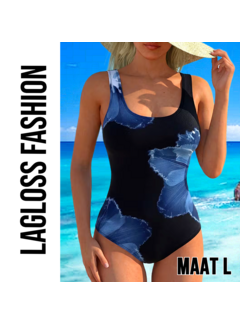 LaGloss Dames Badpak Zwart met Blauwe Bloemenprint Hibiscusprint – Maat L