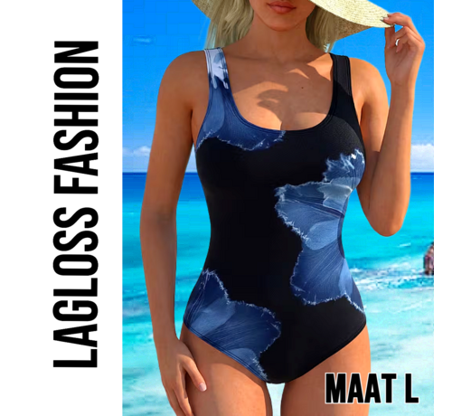 LaGloss LaGloss® Dames Badpak Zwart met Blauwe Bloemenprint Hibiscusprint – Modern – Eendelig Zwempak - Zomermode – Beach Fashion – Maat L