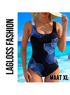 LaGloss Dames Badpak Zwart met Blauwe Bloemenprint Hibiscusprint – Maat XL
