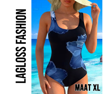 LaGloss Dames Badpak Zwart met Blauwe Bloemenprint Hibiscusprint – Maat XL